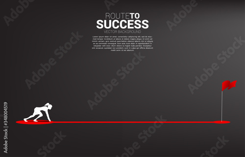 Silhouette of businesswoman ready to run on route path to red flag at goal. Concept of people ready to start career and business to success.