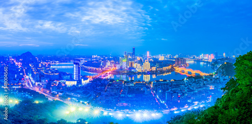 City skyline scenery at twilight in Ma anshan  Yufeng District  Liuzhou City  Guangxi  China