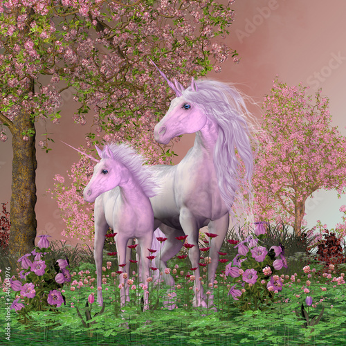 Dekoracja na wymiar  spring-mare-and-foal-unicorns-a-white-unicorn-mare-and-her-foal-look-towards-a-sound-they-heard-in-a-forest-full-of-cherry-blossoms