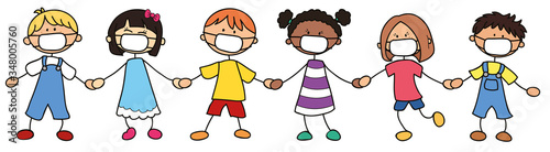 Kinder aus verschiedenen Ländern mit Mundschutz - Vektor Illustration