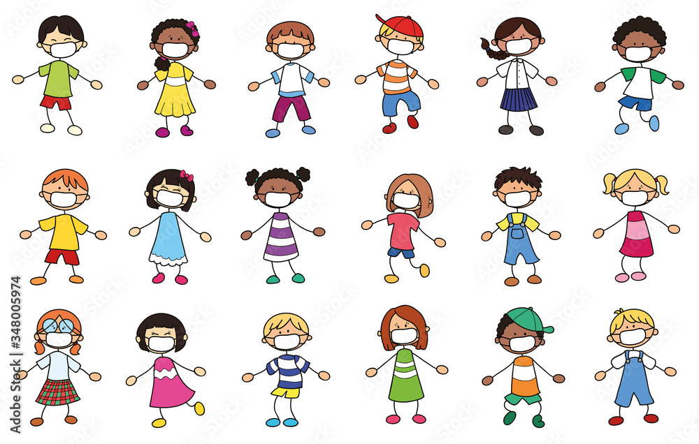 Kinder aus verschiedenen Ländern mit Mundschutz - Vektor Illustration