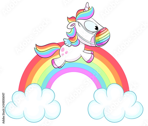 Einhorn auf Regenbogen mit Mundschutz - Vektor-Illustration