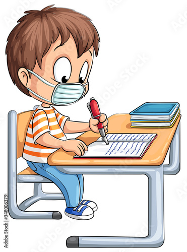 Junge an Schultisch mit Mundschutz - Vektor-Illustration