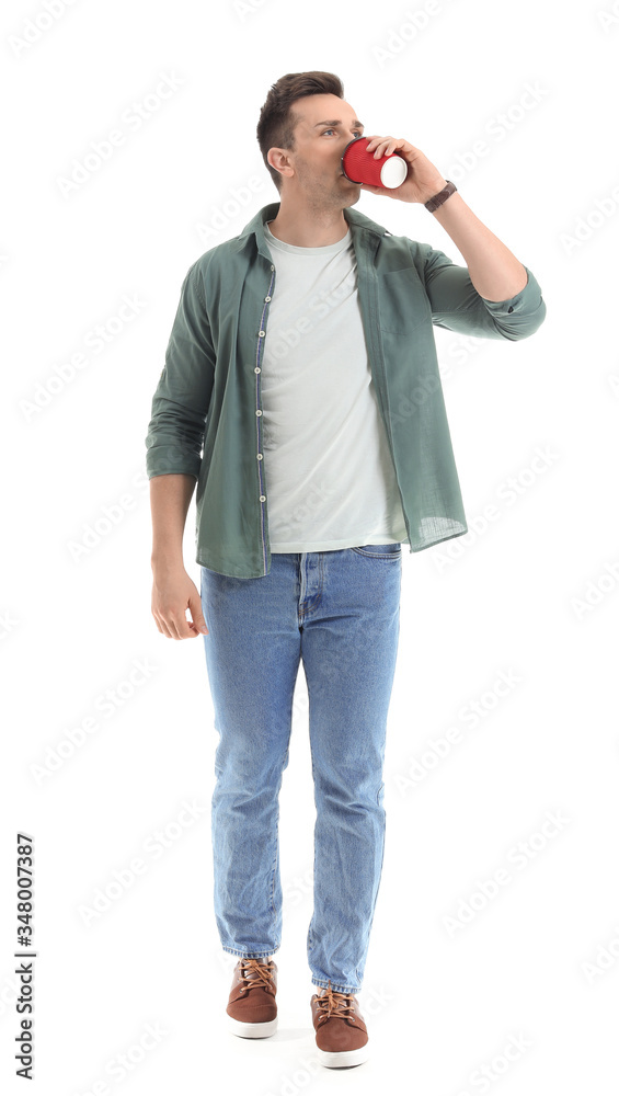 Handsome man with coffee on white background