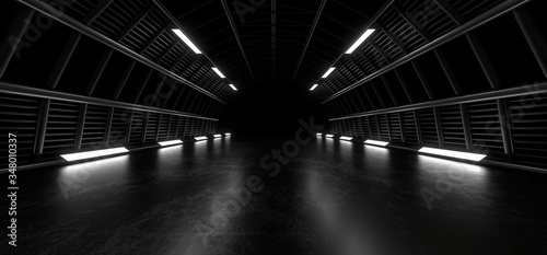 A dark tunnel of pipes illuminated by white neon lights and lamps. Blurred reflection on the floor. 3d rendering image. © Andrey Shtepa