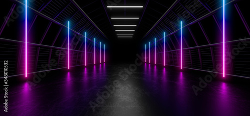 Fototapeta Naklejka Na Ścianę i Meble -  A dark tunnel of pipes illuminated by colored neon lights and lamps. Blurred reflection on the floor. 3d rendering image.