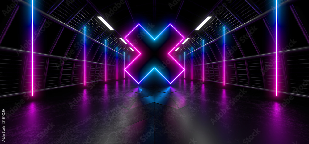 A dark tunnel of pipes illuminated by colored neon lights and lamps. Blurred reflection on the floor. 3d rendering image.
