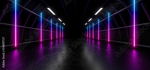 A dark tunnel of pipes illuminated by colored neon lights and lamps. Blurred reflection on the floor. 3d rendering image.