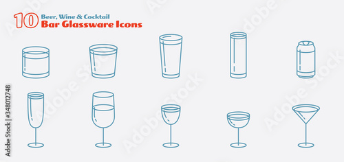 A collection of simple monoline glassware icons. These 10 simple icons are all you need to create an amazing cocktail and alcoholic beverage menu design. 