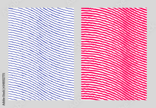 Vector set of elegant textural lines. Isolated backgrounds fit A4 format. Abstract minimalistic background with optical effect. Suitable for covers, fabrics, textiles, wrapping paper, flyers.