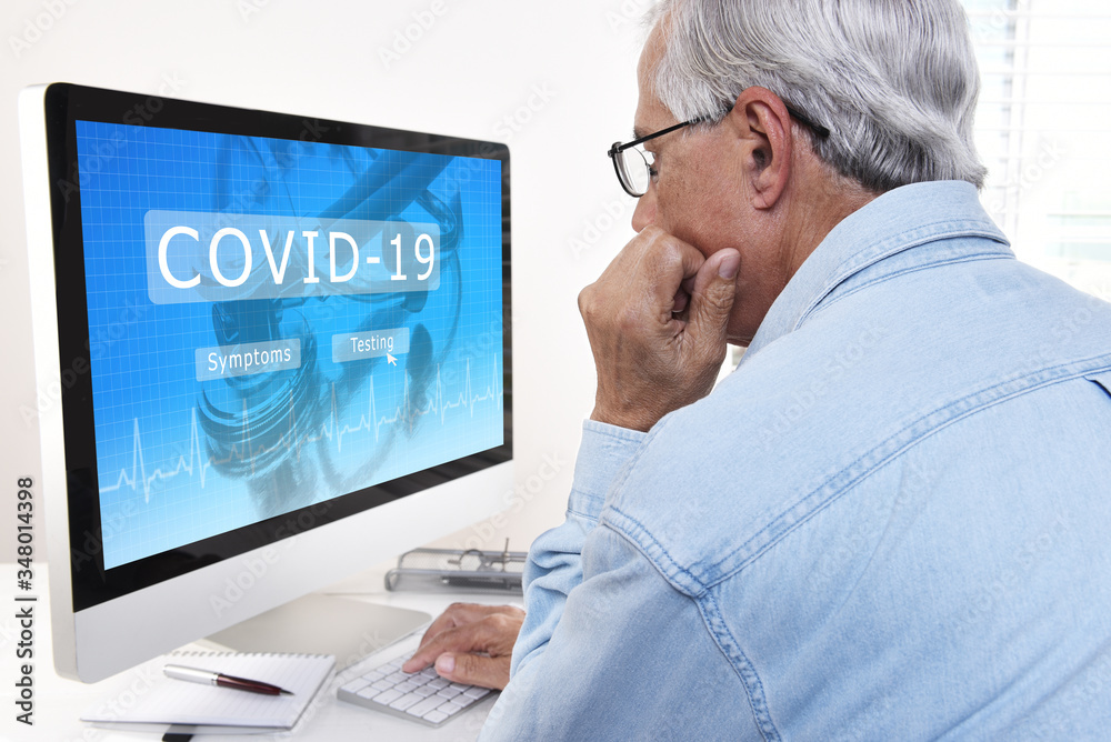 Covid-19 Testing. Worried Senior Man searching on the internet for a testing facility and information. Covid-19 Testing. Worried Senior Man searching on the internet for a testing facility and information.