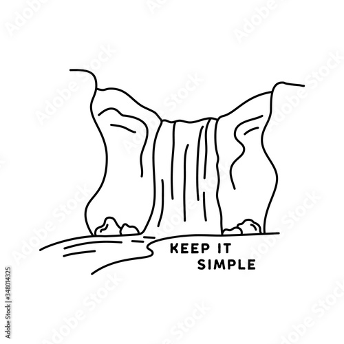 Vintage keep it simple camp logo design. Outdoor adventure waterfall line art scene, hiking landscape. Silhouette linear concept. Stock vector insignia isolated on white