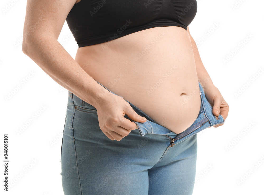 Overweight woman on white background, closeup Overweight woman on white background, closeup