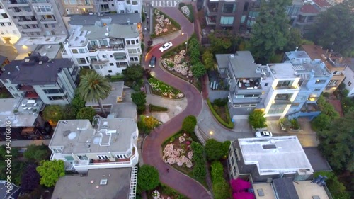 Drone shot, straight down, of Lombard Street, San Francisco, California, USA.  Aerial video.