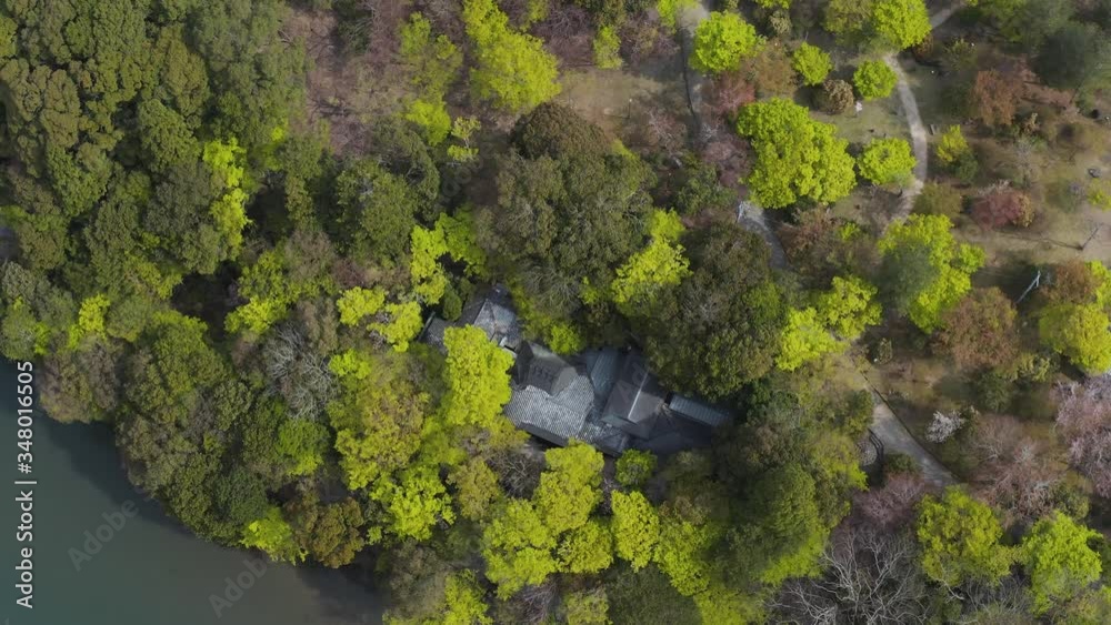 Spring Arashiyama, Top Down Aerial View view of Kyoto mountain park Spring Arashiyama, Top Down Aerial View view of Kyoto mountain park