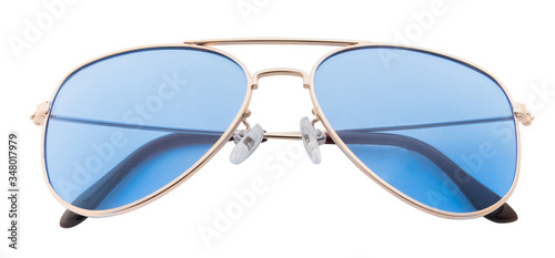 Trendy Aviatior Sunglasses isolated on white background. Close-up Sunglasses with no reflection on white. Front View