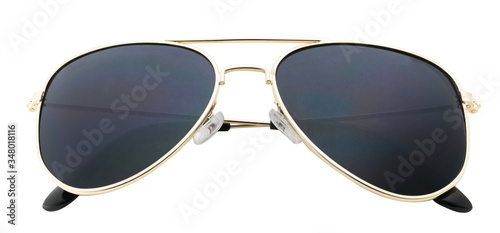 Trendy Aviatior Sunglasses isolated on white background. Close-up Sunglasses with no reflection on white. Front View