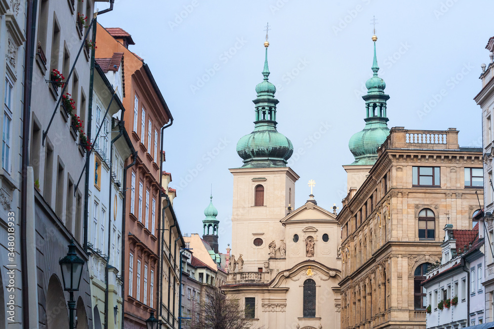 Kostel Svaty Havel Church, also called Saint Gallen, a catholic church, seen from the Havelska street in old town of Prague, Czech Republic. It is a catholic church and a major landmark