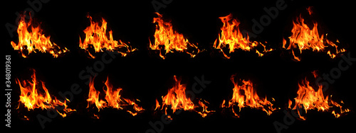 Set of 10 flame images, set on a black background. Thermal power