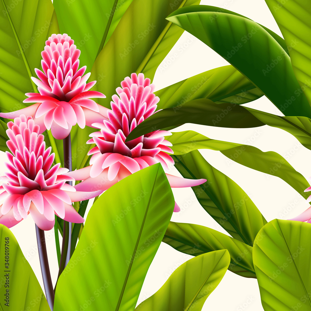 Red ginger with leaves. Seamless tropical pattern. Summer background