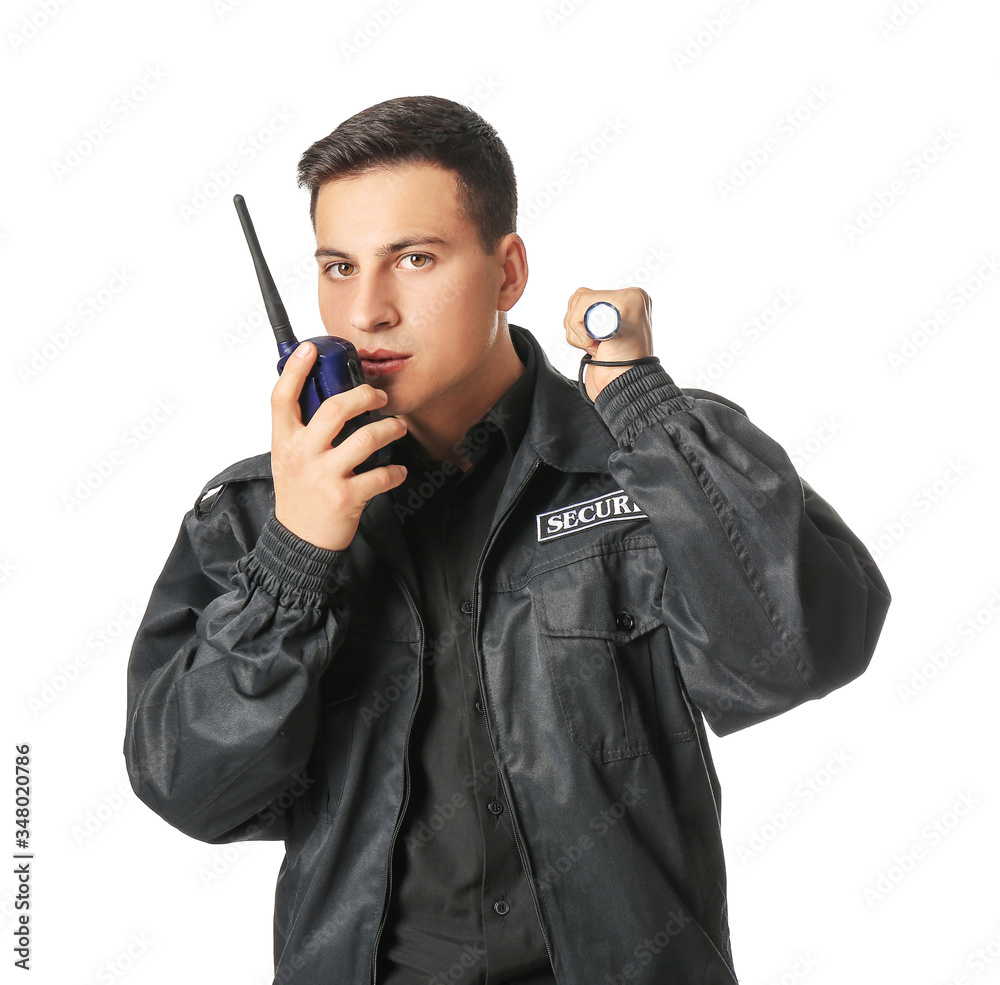 Male security guard with flashlight on white background Male security guard with flashlight on white background