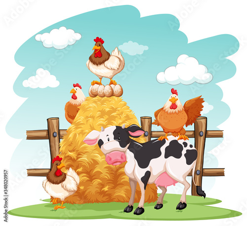 Farm scene with many animals on the farm