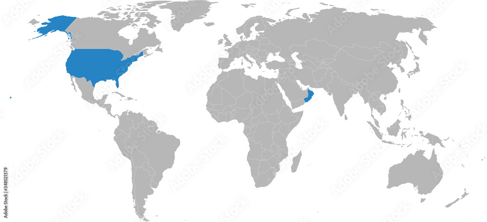 Oman, USA map highlighted on world map. Light gray background. Business concepts, diplomatic, trade and transport relations.