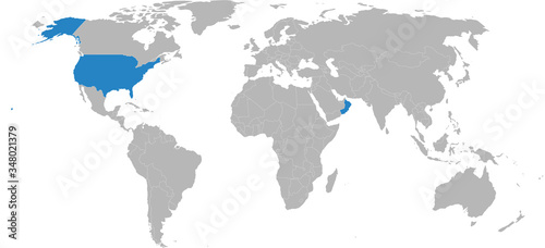 Oman  USA map highlighted on world map. Light gray background. Business concepts  diplomatic  trade and transport relations.
