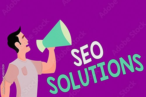 Text sign showing Seo Solutions. Business photo showcasing Search Engine Result Page Increase Visitors by Rankings Man in Shirt Standing Talking Holding a Megaphone Male Calling Out onto photo