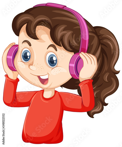 Cute girl wearing pink headphone on white background