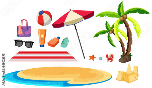 Summer set with beach items on white background