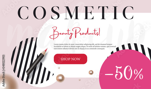 Cosmetics and fashion background with make up artist tools. Lipstick Cosmetics make-up sale banner template with place for your text. Vector cosmetics flyer.