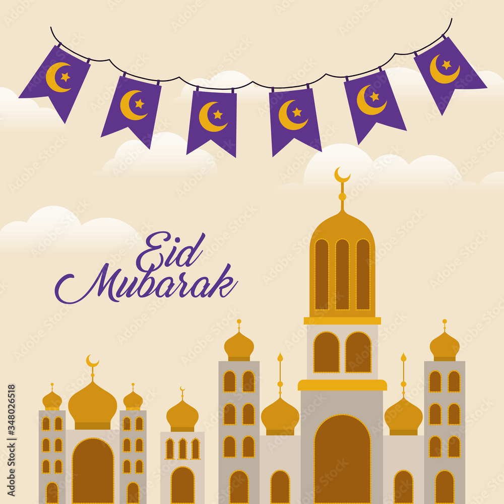 Eid mubarak temple with moon and banner pennant vector design