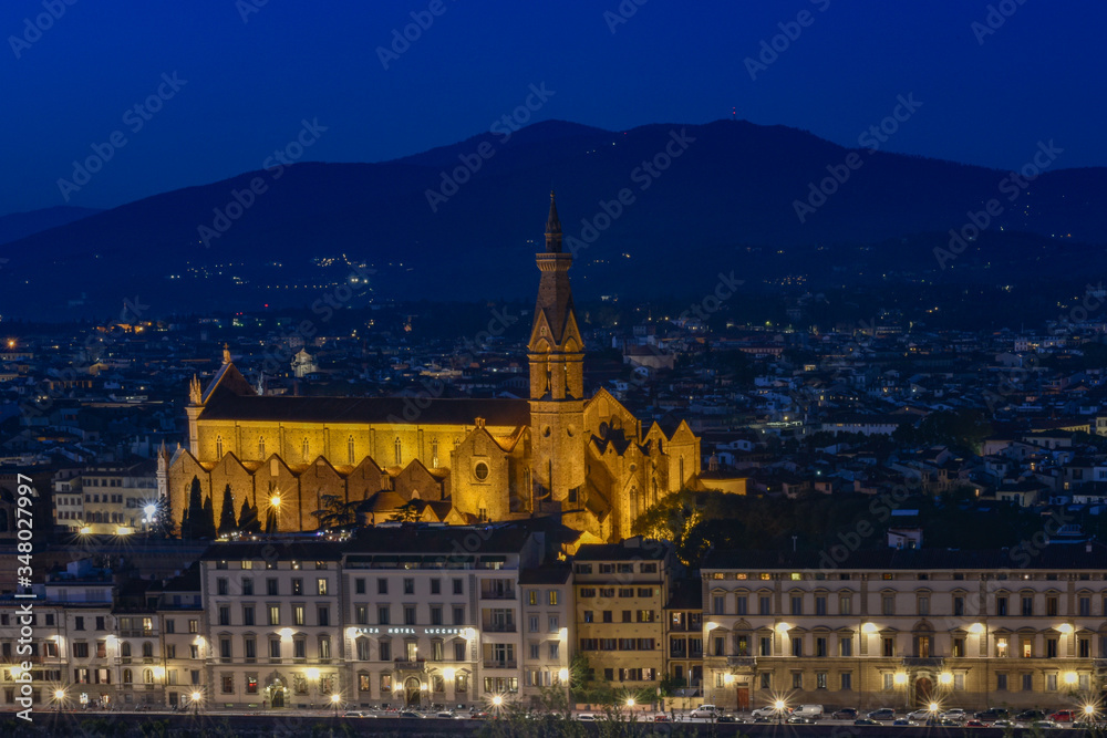 A slow shutter speed night shot looking out over Florence Italy