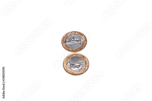 BRAZILIAN MONEY COINS PHOTOGRAPHED IN WHITE BACKGROUND