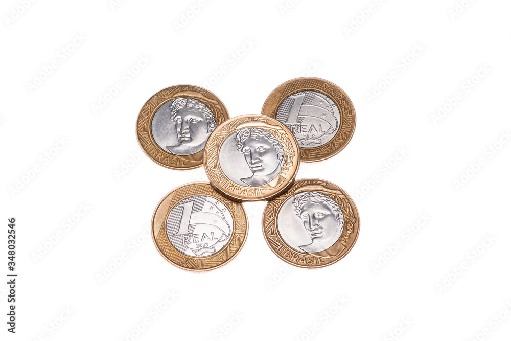 BRAZILIAN MONEY COINS PHOTOGRAPHED IN WHITE BACKGROUND