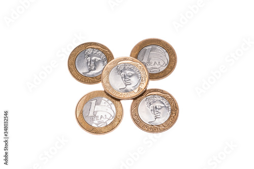 BRAZILIAN MONEY COINS PHOTOGRAPHED IN WHITE BACKGROUND
