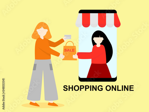 Flat design cartoon character two women shopping online store, technology online shopping in mobile phone app network, Digital marketing Concept, purchase on smartphone payment internet service