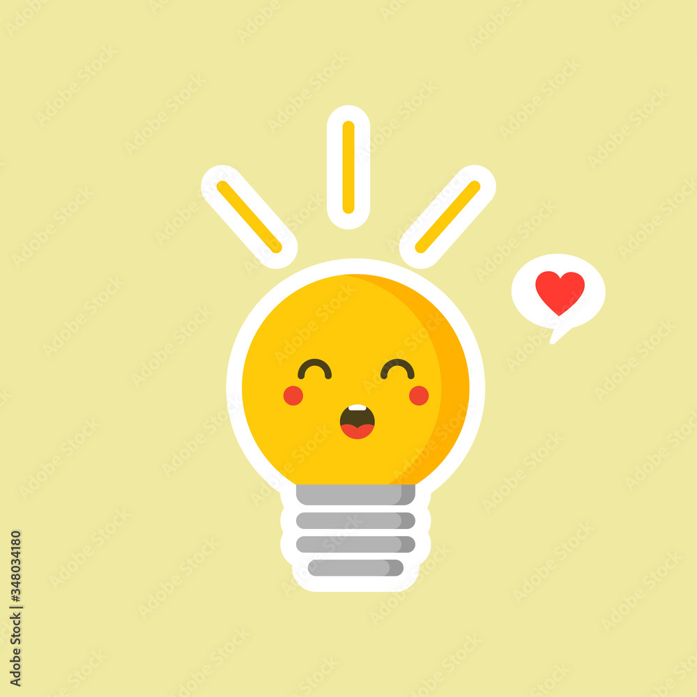 Cute smiling happy light bulb have idea. Vector modern flat style cartoon character illustration. Isolated on color background. Idea concept Cute smiling happy light bulb have idea. Vector modern flat style cartoon character illustration. Isolated on color background. Idea concept