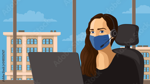 Detailed flat vector illustration of a mask wearing woman participating in a video conference while working from home. Covid-19 pandemic. Feel free to use only parts of the illustration too.