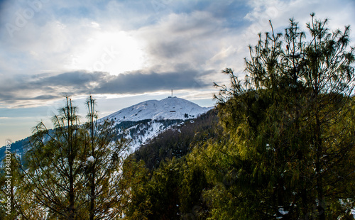 himalayan mountain range covered with the snow at patnitop a city of Jammu, Winter landscape
 photo