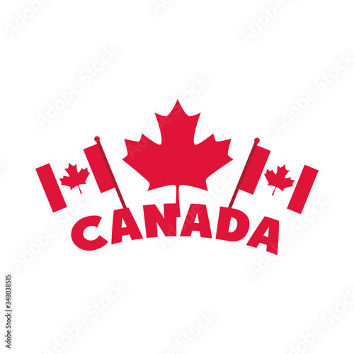canada day, flags in pole maple leaf lettering design flat style icon