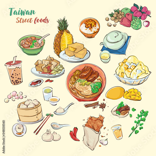 Hand draw Taiwan's street food illustration. Colorful vector food painting. Street foods and desserts, include Bubble Tea, Shaved Ice, and Pineapple Cake, Beef Noodles, Intestine, and Oyster Verm.