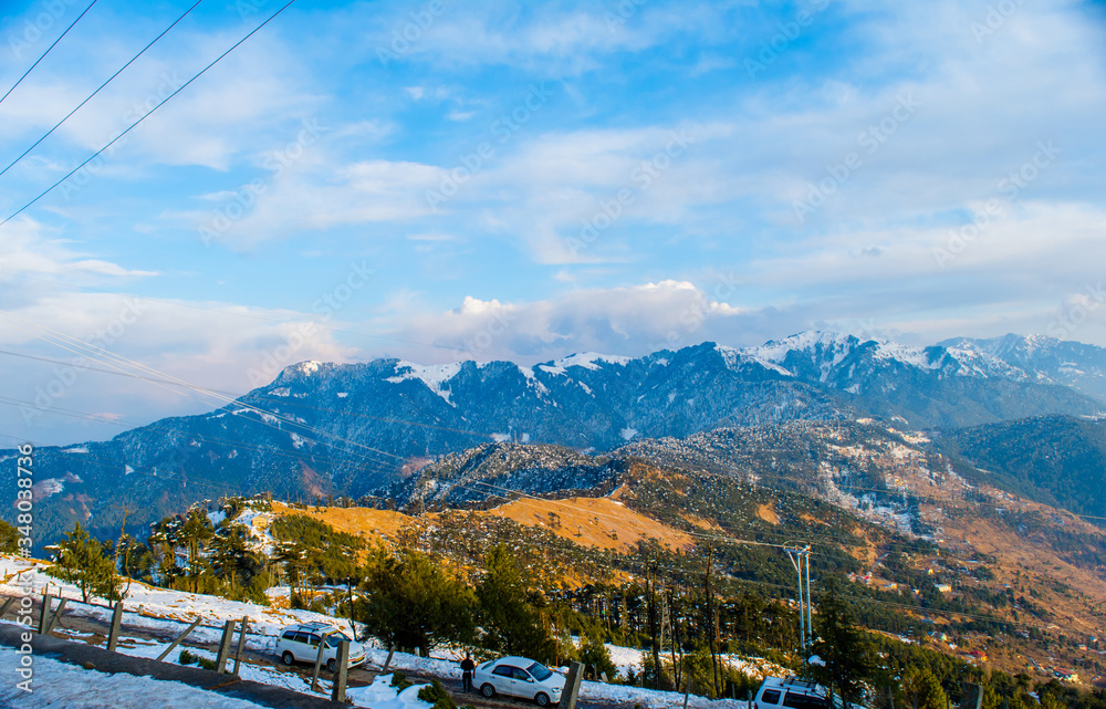 himalayan mountain range covered with the snow at patnitop a city of Jammu, Winter landscape
