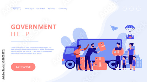 Team of volunteers giving help boxes to refuges and humanitarian aid van. Humanitarian aid, material assistance, governmental help concept. Website vibrant violet landing web page template.