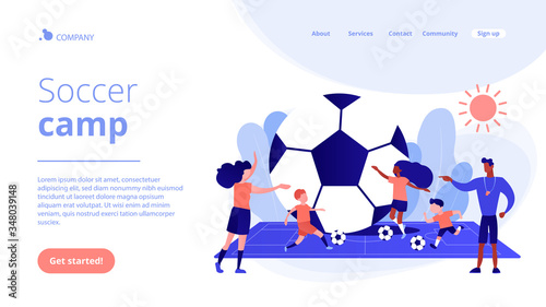 Kids learning to play soccer with balls on the field in summer camp, tiny people. Soccer camp, football academy, kids soccer school concept. Website homepage landing web page template.
