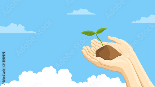 Detailed flat vector illustration of two hands holding a sprout representing sustainability. Blue background with clouds. Feel free to use only parts of the illustration too.