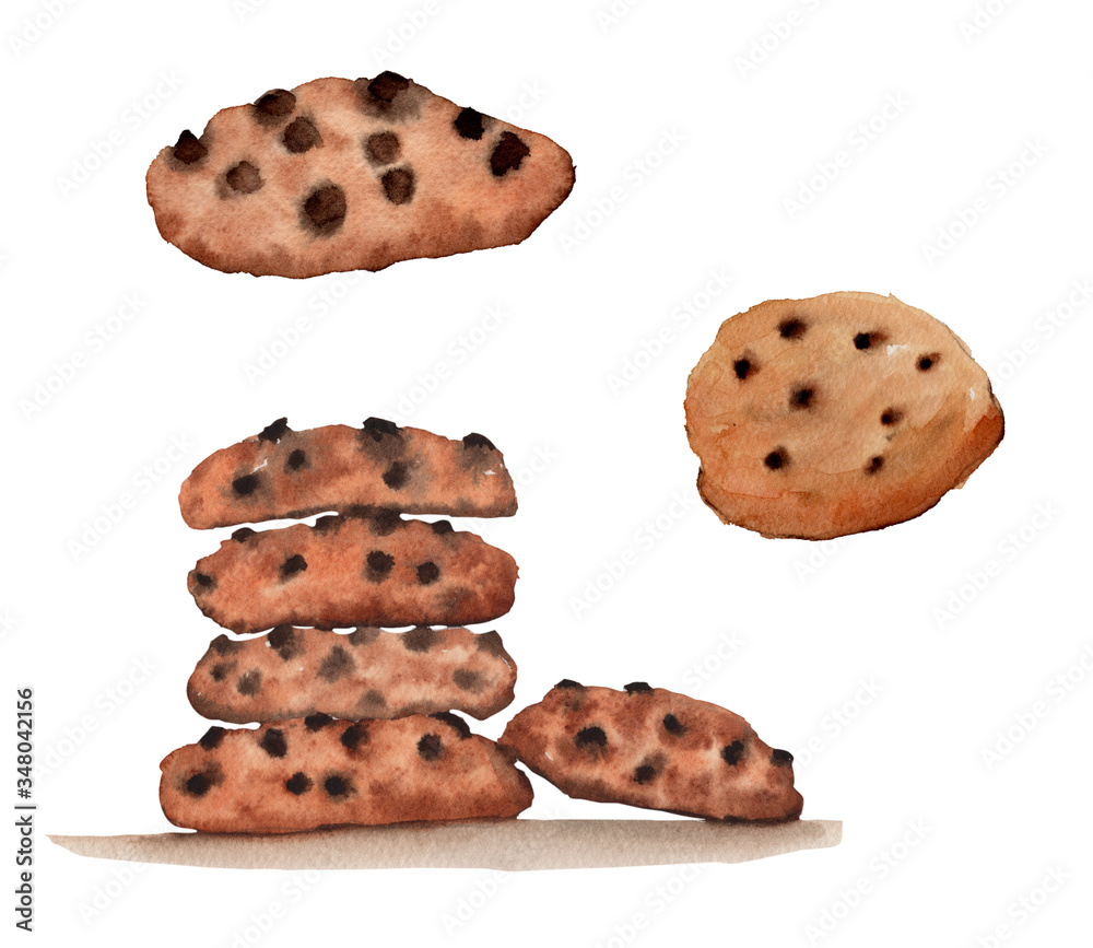 Hand drawn watercolor delicious chocolate chip cookies set, isolated on white background. Food illustration elements.