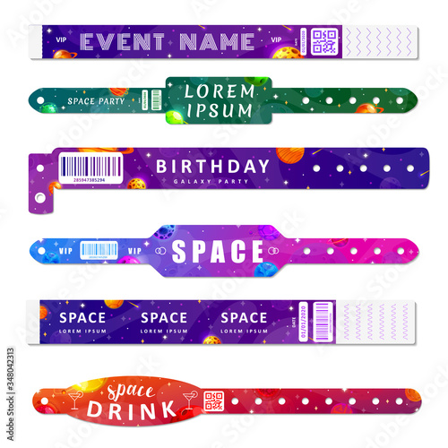 Entrance bracelets for space party, birthday, festivals, private areas. Design template of access to event for party. Vector illustration.