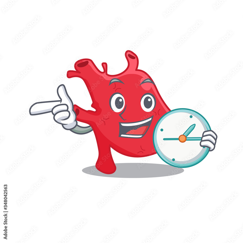 Heart mascot design concept smiling with clock Heart mascot design concept smiling with clock